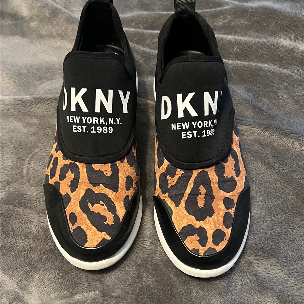 DKNY Black and Tan Animal Print Slip-Ons